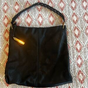 Vince Camuto Black Leather Tote with braided leather strap and velvet interior.